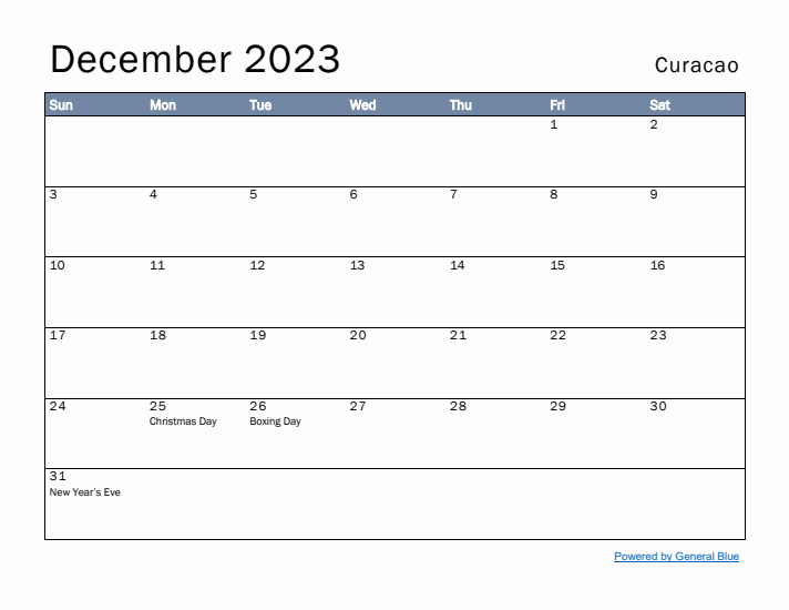 December 2023 Simple Monthly Calendar for Curacao