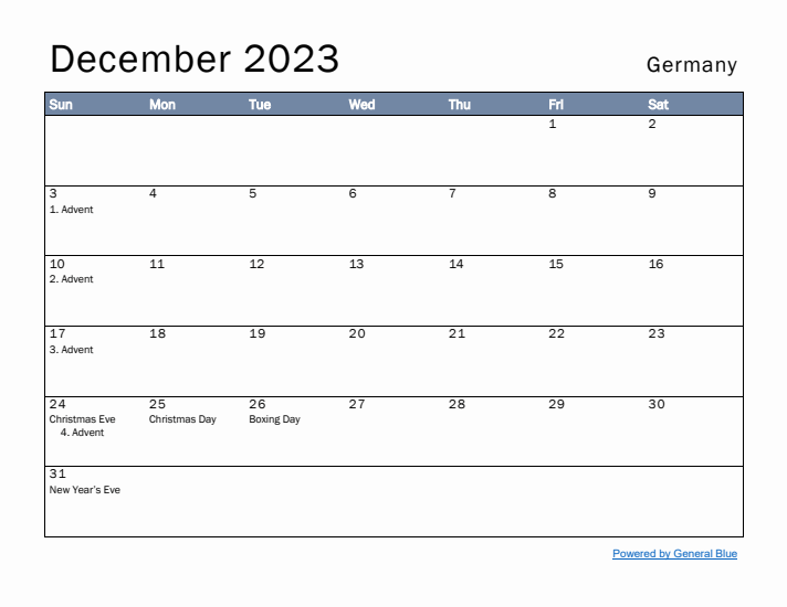 December 2023 Simple Monthly Calendar for Germany