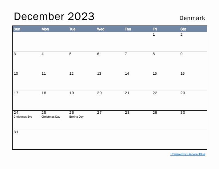 December 2023 Simple Monthly Calendar for Denmark