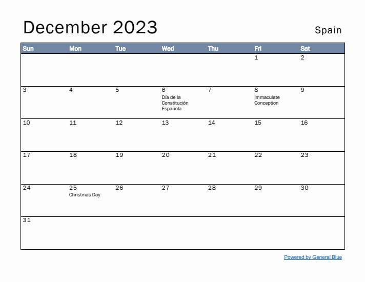 December 2023 Simple Monthly Calendar for Spain