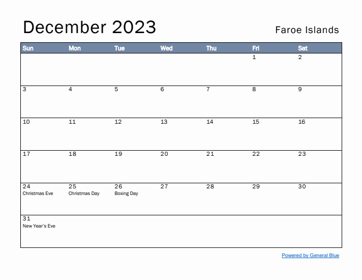 December 2023 Simple Monthly Calendar for Faroe Islands