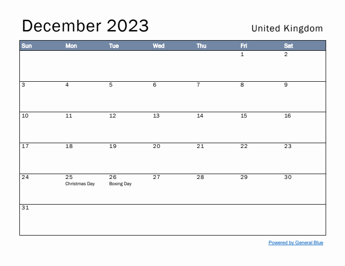 December 2023 Simple Monthly Calendar for United Kingdom