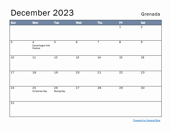 December 2023 Simple Monthly Calendar for Grenada