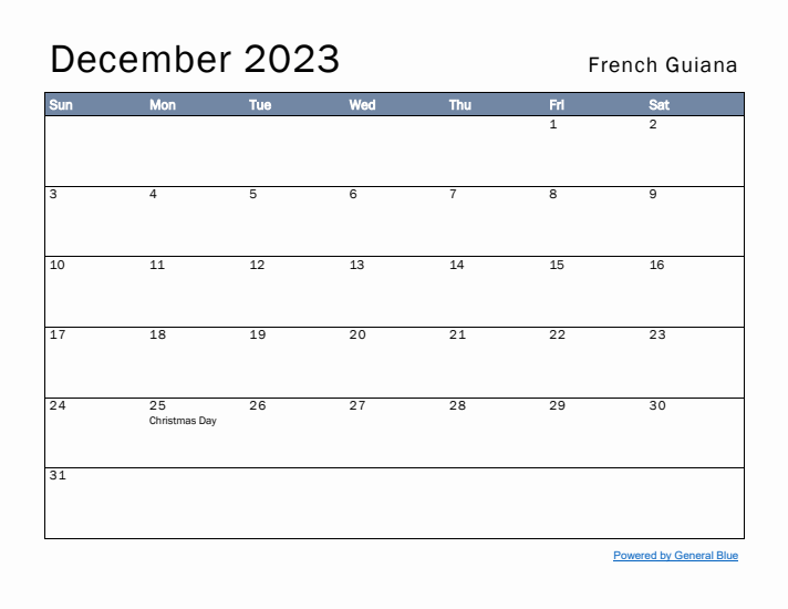 December 2023 Simple Monthly Calendar for French Guiana