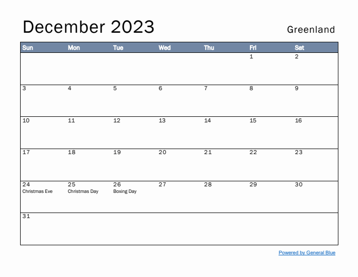 December 2023 Simple Monthly Calendar for Greenland