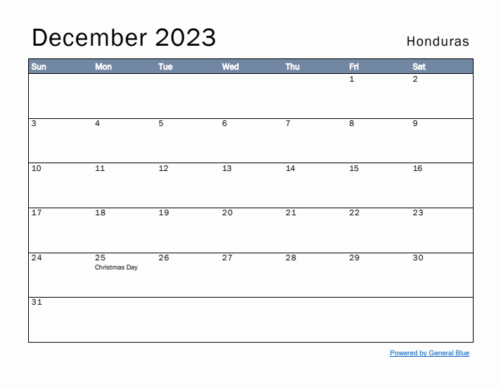 December 2023 Simple Monthly Calendar for Honduras