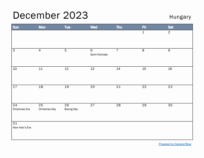 December 2023 Simple Monthly Calendar for Hungary