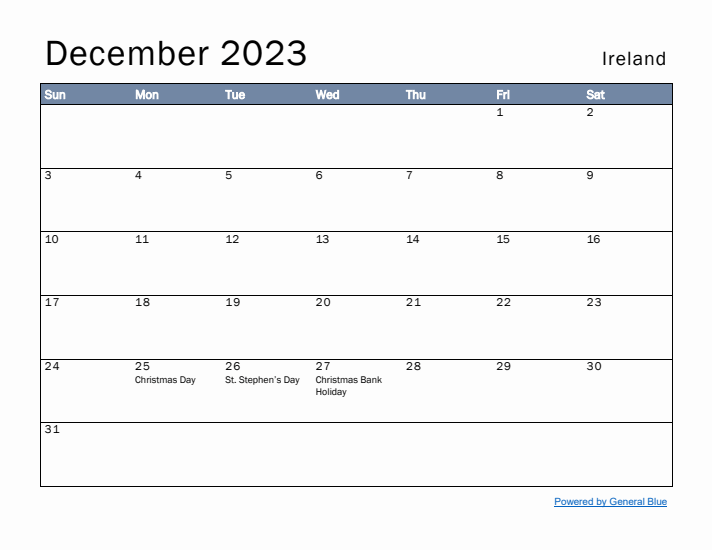 December 2023 Simple Monthly Calendar for Ireland