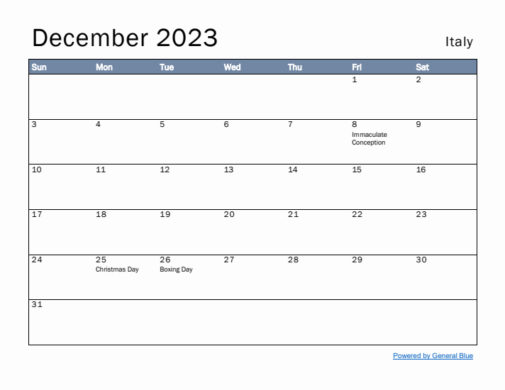 December 2023 Simple Monthly Calendar for Italy