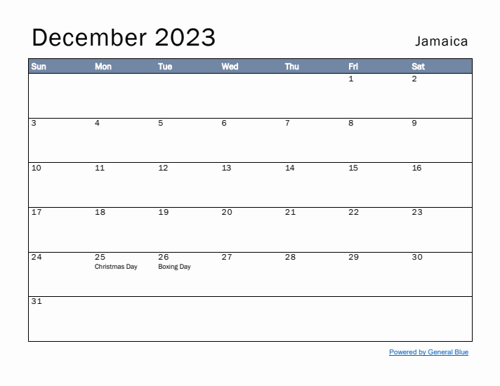 December 2023 Simple Monthly Calendar for Jamaica