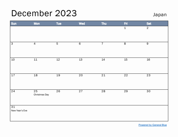 December 2023 Simple Monthly Calendar for Japan