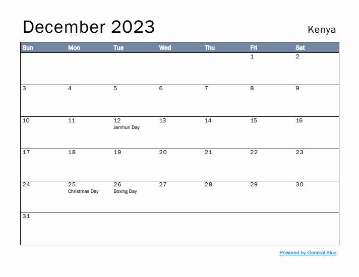 December 2023 Simple Monthly Calendar for Kenya