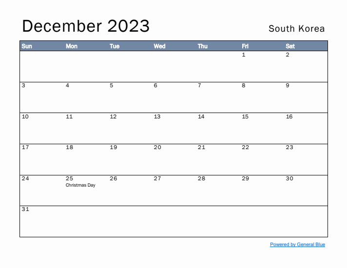 December 2023 Simple Monthly Calendar for South Korea