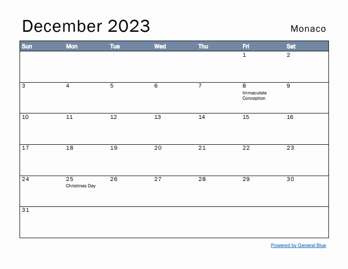 December 2023 Simple Monthly Calendar for Monaco