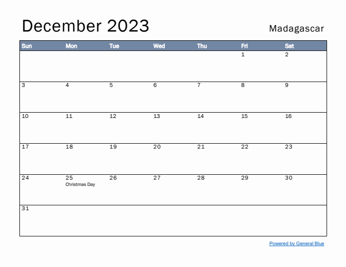 December 2023 Simple Monthly Calendar for Madagascar