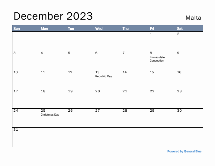 December 2023 Simple Monthly Calendar for Malta