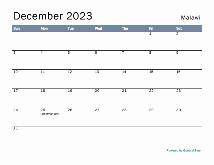 December 2023 Simple Monthly Calendar for Malawi