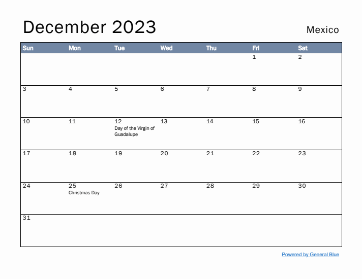 December 2023 Simple Monthly Calendar for Mexico