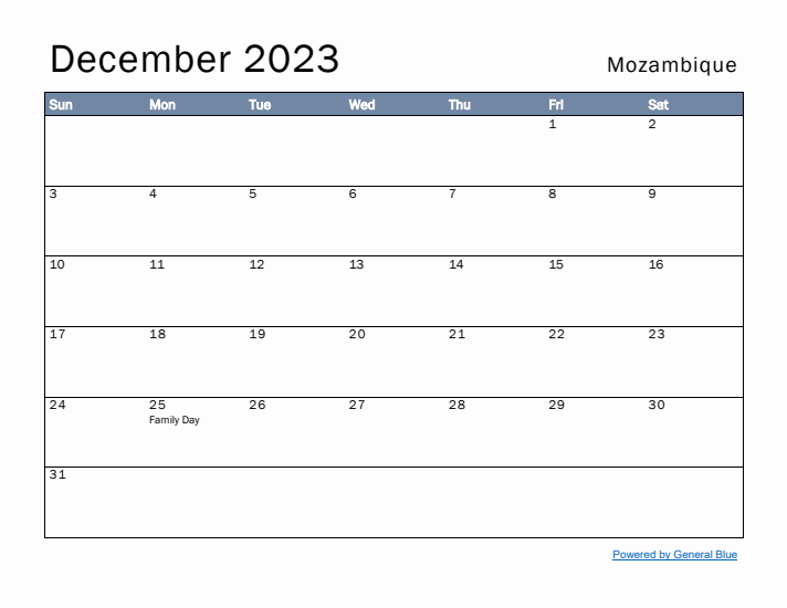 December 2023 Simple Monthly Calendar for Mozambique