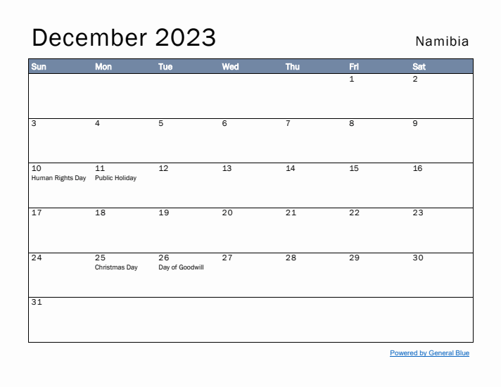 December 2023 Simple Monthly Calendar for Namibia