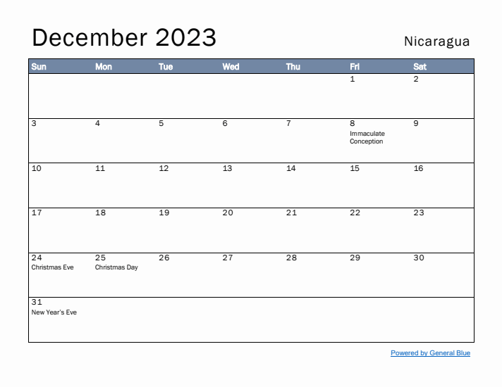 December 2023 Simple Monthly Calendar for Nicaragua