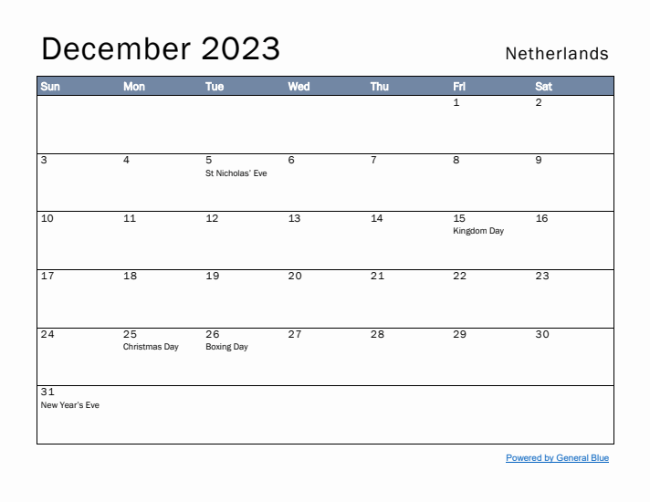 December 2023 Simple Monthly Calendar for The Netherlands