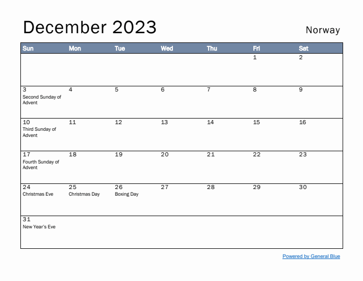 December 2023 Simple Monthly Calendar for Norway