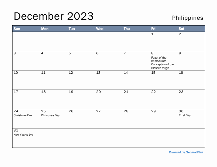 December 2023 Simple Monthly Calendar for Philippines