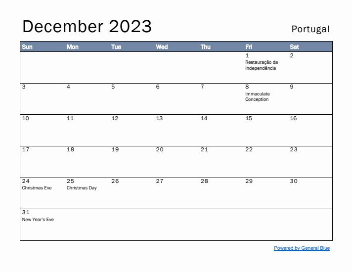 December 2023 Simple Monthly Calendar for Portugal