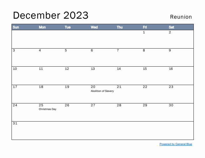 December 2023 Simple Monthly Calendar for Reunion