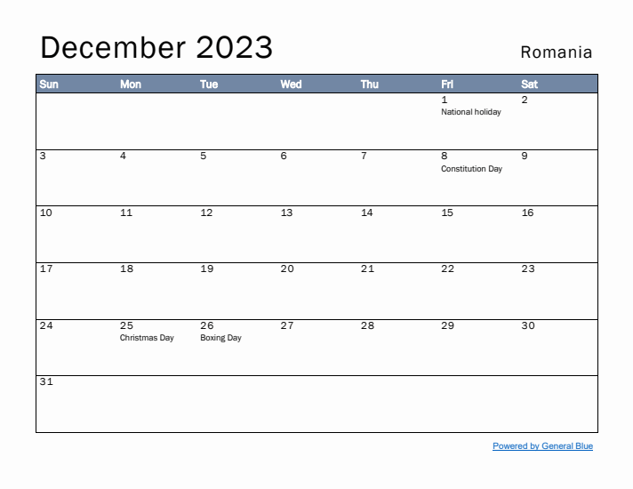 December 2023 Simple Monthly Calendar for Romania