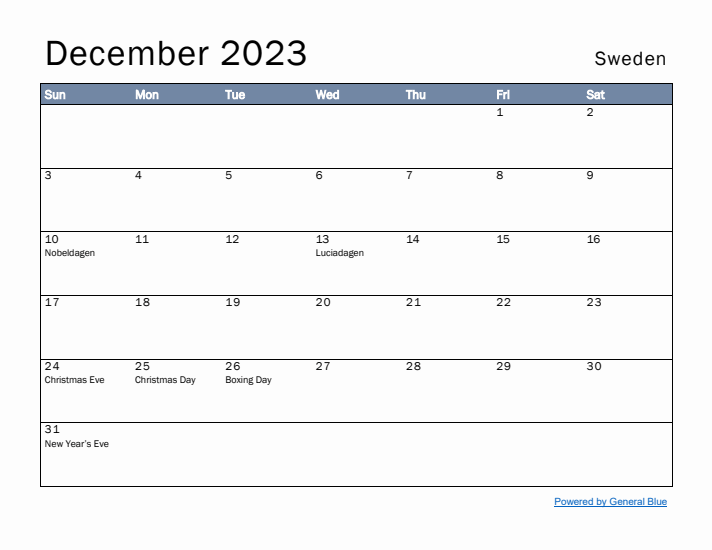 December 2023 Simple Monthly Calendar for Sweden