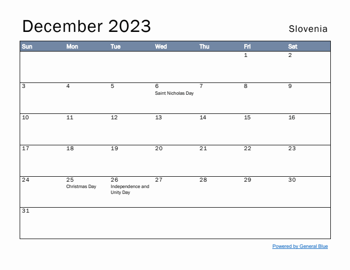 December 2023 Simple Monthly Calendar for Slovenia