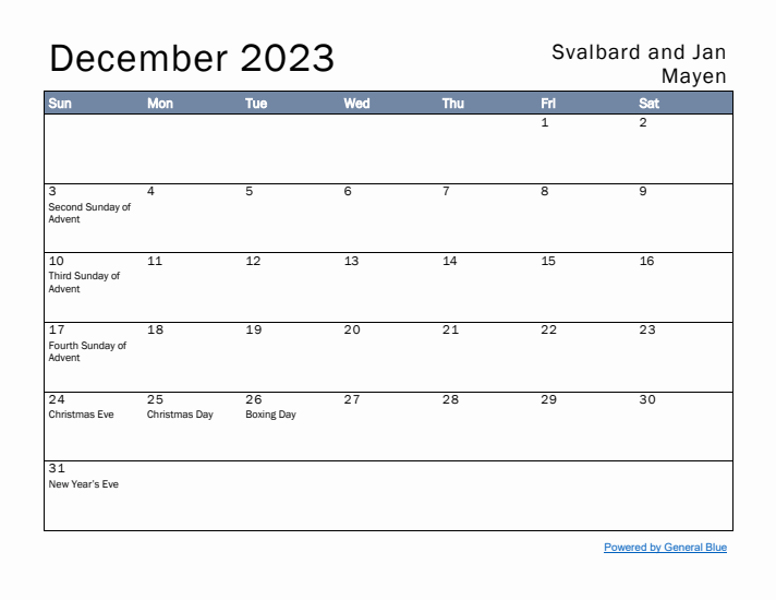 December 2023 Simple Monthly Calendar for Svalbard and Jan Mayen