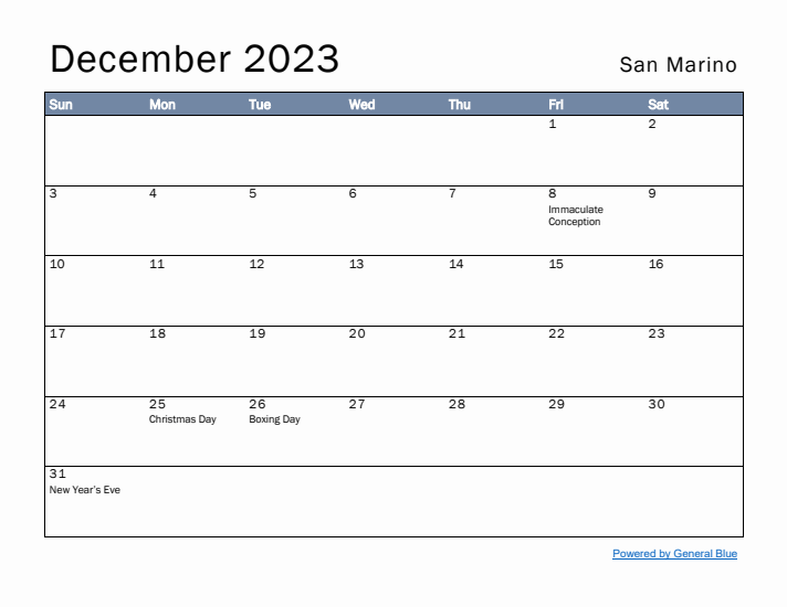 December 2023 Simple Monthly Calendar for San Marino