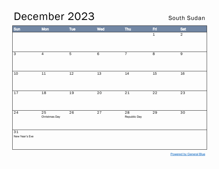 December 2023 Simple Monthly Calendar for South Sudan