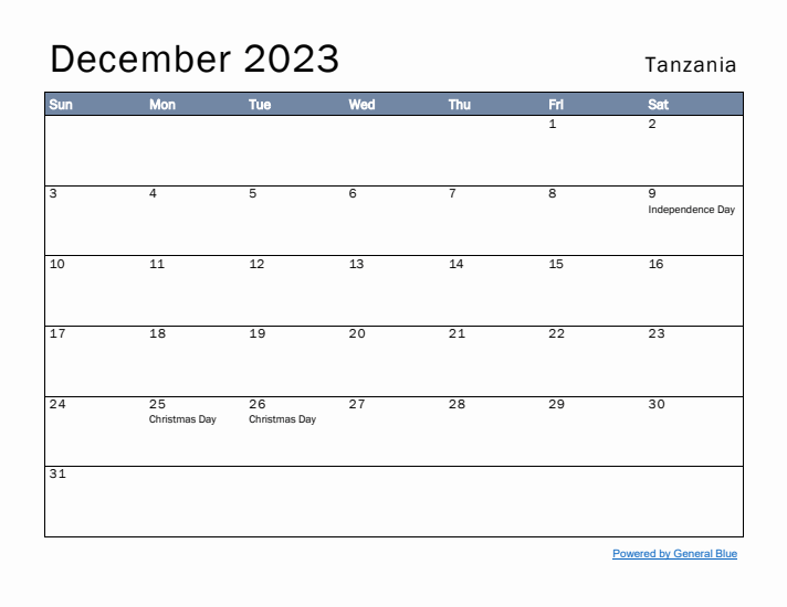 December 2023 Simple Monthly Calendar for Tanzania