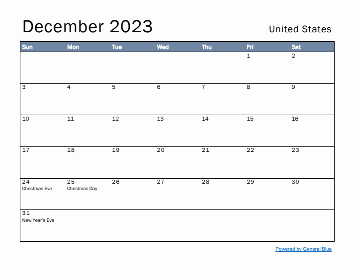 December 2023 Simple Monthly Calendar for United States