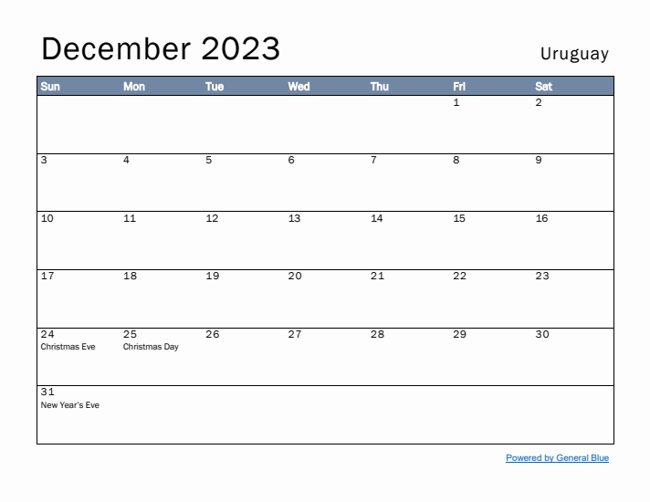 December 2023 Simple Monthly Calendar for Uruguay