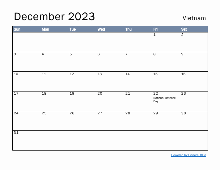 December 2023 Simple Monthly Calendar for Vietnam