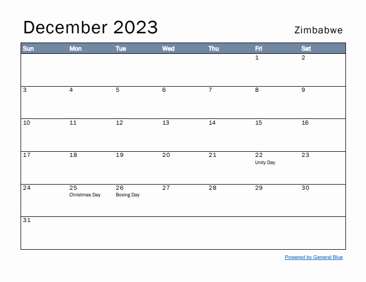 December 2023 Simple Monthly Calendar for Zimbabwe