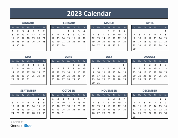 Basic Annual Calendar for Year 2023