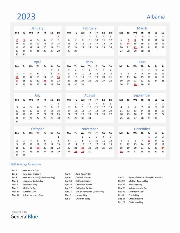 Basic Yearly Calendar with Holidays in Albania for 2023 