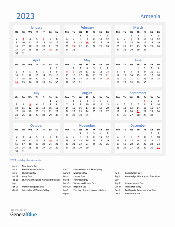 Basic Yearly Calendar with Holidays in Armenia for 2023 