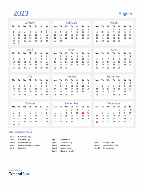 Basic Yearly Calendar with Holidays in Angola for 2023 