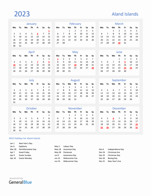 Basic Yearly Calendar with Holidays in Aland Islands for 2023 