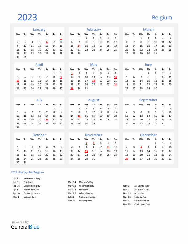 Basic Yearly Calendar with Holidays in Belgium for 2023 