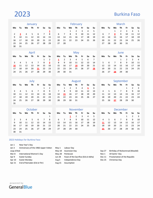 Basic Yearly Calendar with Holidays in Burkina Faso for 2023 