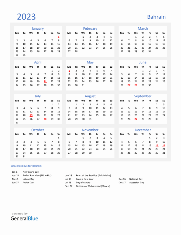 Basic Yearly Calendar with Holidays in Bahrain for 2023 