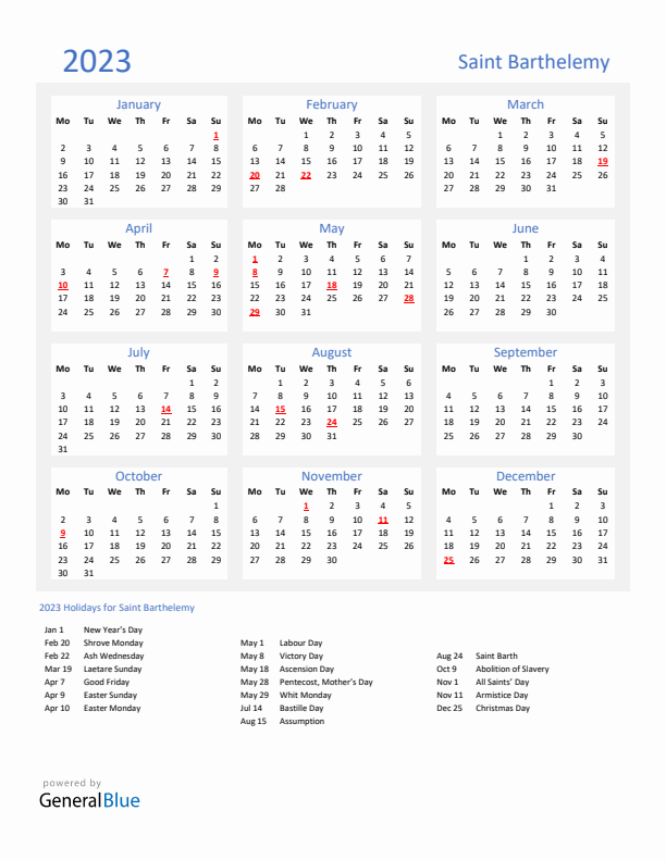 Basic Yearly Calendar with Holidays in Saint Barthelemy for 2023 